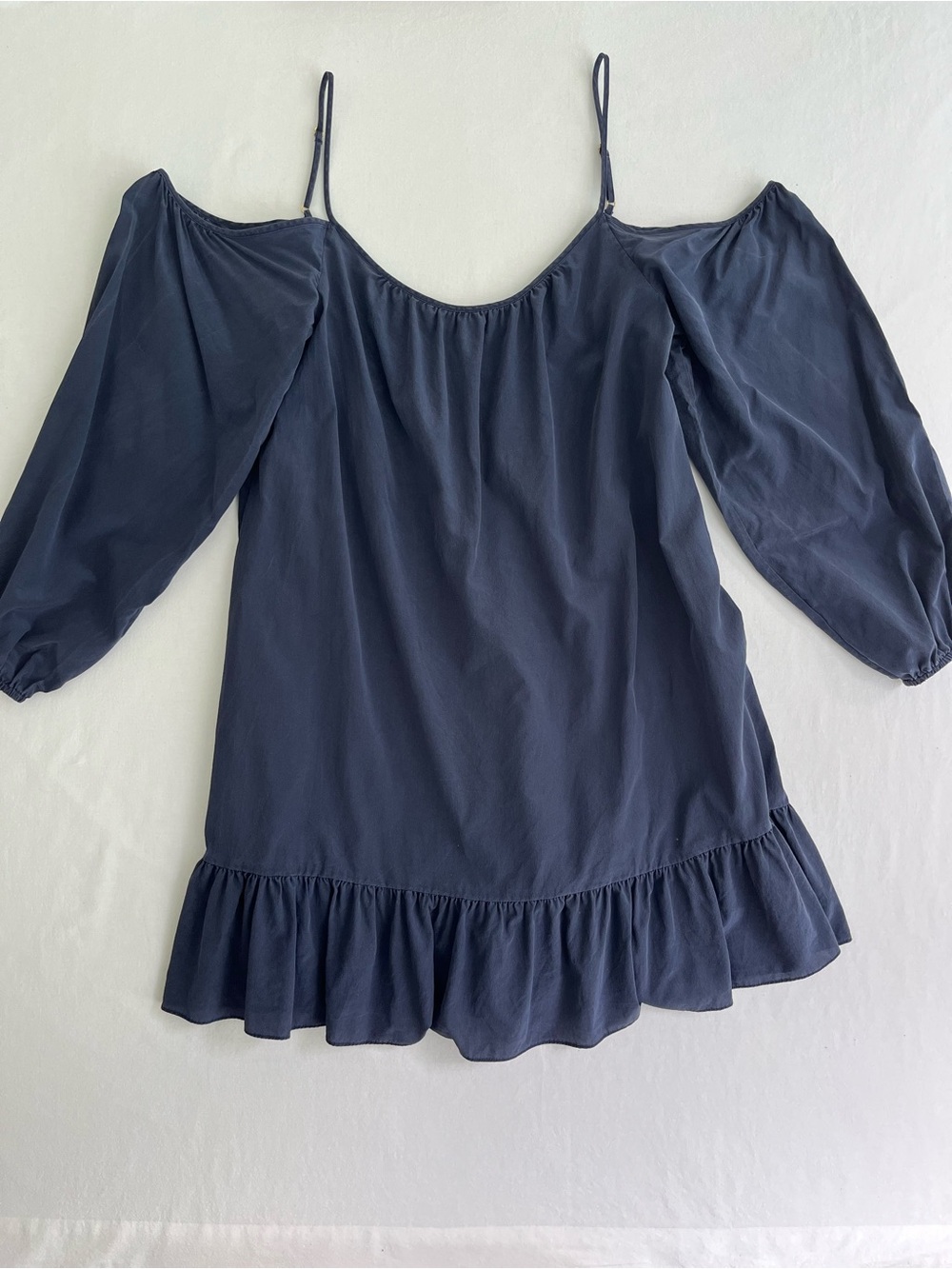 Lilly Pulitzer Off Shoulder Navy Blue Ruffle Hem 100% Silk Mini Summer Dress L